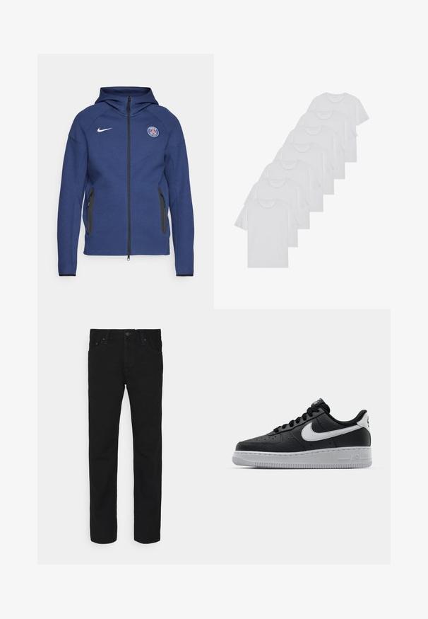 Tamno plava dukserica od mekanog materijala s punim patentnim zatvaračem, bočnim džepovima i oznakom logotipa. Ima strukturirani dizajn s kapuljačom.; Bijele pamučne majice, kratki rukavi, dizajn s okruglim izrezom, jednostavne teksture, složene u red, s suptilnim brendiranjem na izrezu.; Crne ravne traperice s prednjim dugmetom i zatvaračem, dizajn s pet džepova, prikazane na bijeloj pozadini.; Crne kožne tenisice s teksturiranom površinom, bijeli Nike znak, sivi potplat, okrugli vrh i vezanje. Sadrže perforacije na području prstiju.