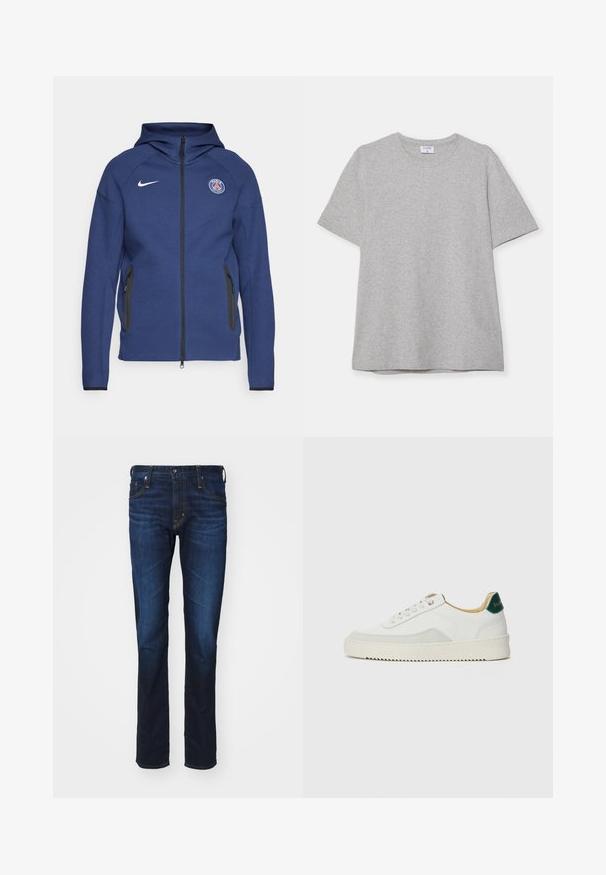 Navy blue hoodie made of soft fabric featuring a full zipper, side pockets, and a logo patch. It has a structured design with a hood.; Gray short-sleeve T-shirt made from soft, textured fabric. Features a classic crew neck and a straight hem, suitable for casual wear.; AG Jeans TELLIS MODERN - Slim fit jeans - viper; White sneaker with suede accents, rounded toe, flat laces, and a cream rubber sole. Features green branding on the heel.