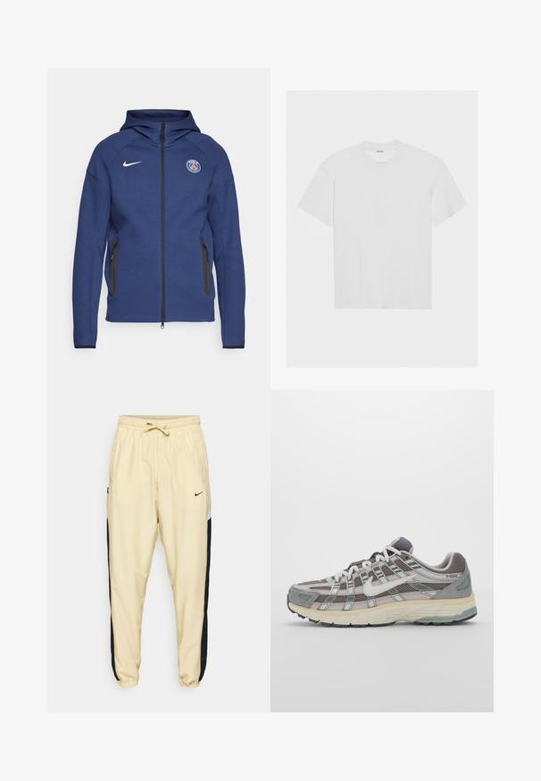 Mornarsko modra kapuca iz mehkega materiala z dolgim zadrgo, stranskimi žepi in logotipom. Ima strukturirano zasnovo s kapuco.; Bela bombažna majica s kratkimi rokavi, krožnim izrezom in sproščenim fitom. Gladka tekstura brez vidnih vzorcev ali akcentov.; Svetlo rumene športne hlače z črnimi bočnimi paneli, elastičnim pasom in vrvico. Na sprednjem delu je majhen črn logotip.; Sive športne čevlje z zgornjim delom iz mrežastega in semiš materiala, belimi akcenti, oblazinjenim podplatom ter edinstvenim dizajnom z odsevnimi elementi.