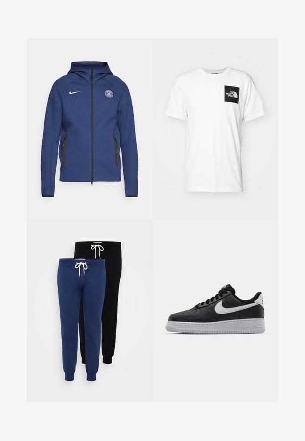 Navy blue hoodie made of soft fabric featuring a full zipper, side pockets, and a logo patch. It has a structured design with a hood.; White cotton t-shirt featuring a black square pocket with "The North Face" logo in white. Short sleeves and a crew neck design.; Two pairs of sweatpants: one navy blue and one black. Both feature elastic cuffs, drawstring waistbands, and a soft cotton blend material.; Black leather sneaker with textured surface, white Nike swoosh, gray sole, round toe, and lace-up design. Features perforations on toe box.