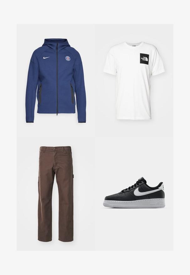 Tummansininen huppari, joka on valmistettu pehmeästä kankaasta ja jossa on täysipitkä vetoketju, sivutaskut ja logopatch. Siinä on rakenteellinen muotoilu huppua varten.; Valkoinen puuvillapaita, jossa on musta neliötasku, jossa on "The North Face" -logo valkoisena. Lyhyet hihat ja pyöreä kaula-aukko.; Dickies CARPENTER PANT - Housut - dark brown; Musta nahkakengät, joissa on teksturoitu pinta, valkoinen Nike -logo, harmaa pohja, pyöreä kärki ja nauhakiinnitys. Varustettu rei'illä kärkilaatikossa.