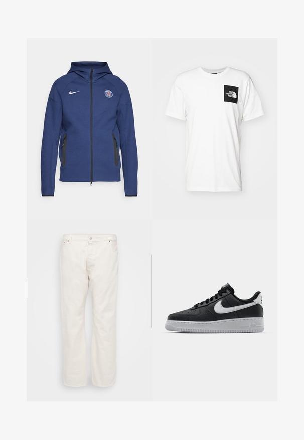 Sweatshirt azul marinho feito de tecido suave, apresentando um fecho completo, bolsos laterais e um patch com logotipo. Tem um design estruturado com capuz.; T-shirt de algodão branco com um bolso quadrado preto com o logótipo "The North Face" em branco. Manga curta e design de gola redonda.; Calças de ganga brancas com corte straight, apresentando fecho de botão, passantes para cintos e dois bolsos laterais. Textura suave, com detalhes mínimos.; Sapatilha de pele preta com superfície texturizada, swoosh branco da Nike, sola cinza, bico redondo e design com atacadores. Apresenta perfurações na caixa dos dedos.