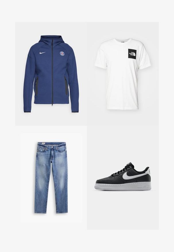 Mørkeblå hettegenser laget av mykt stoff med full glidelås, sidelommer og et logo-patch. Den har et strukturert design med hette.; Hvit bomull T-skjorte med en svart lomme med "The North Face"-logo i hvitt. Korte ermer og rund hals.; Lyse blå denimjeans med rette ben, med falmede områder, fem-lomme-design og kobber-nagler. Standard knappelukking i liv.; Svart lær sneakers med teksturert overflate, hvit Nike swoosh, grå såle, rund tå og snøredesign. Har perforeringer på tåboksen.