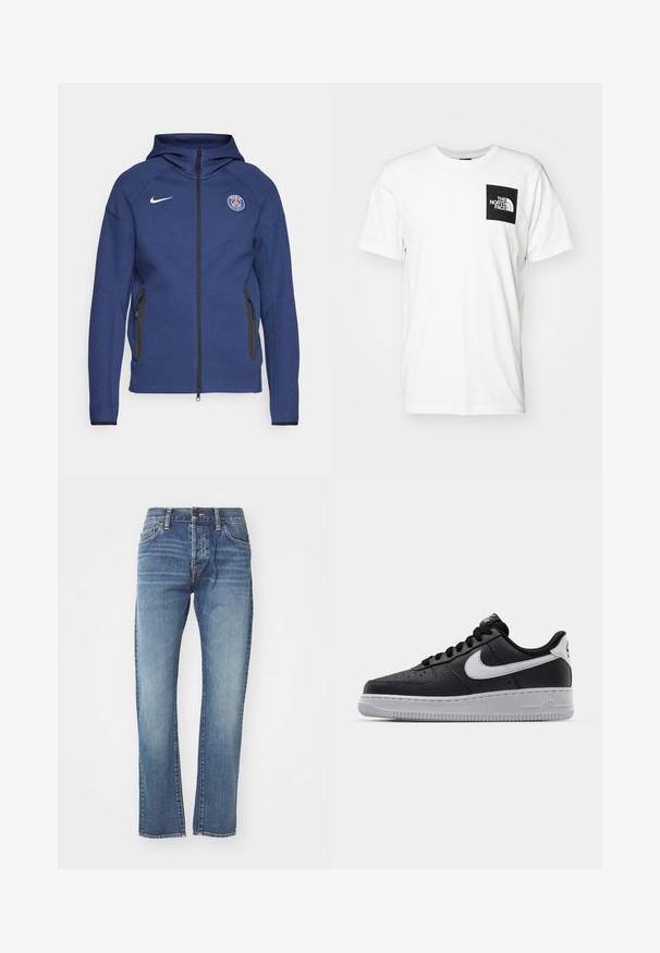 Hanorac bleumarin dintr-un material moale, cu fermoar pe întreaga lungime, buzunare laterale și o etichetă cu logo. Are un design structurat și glugă.; Tricou din bumbac alb cu un buzunar pătrat negru pe care este logo-ul "The North Face" în alb. Mâneci scurte și un guler tip crew neck.; Blugi din denim albastru cu o croială dreaptă, având o spălare medie, cinci buzunare și o ușoară decolorare. Include un brâu clasic și bucle pentru curea.; Sneaker din piele neagră, cu o suprafață texturată, swoosh alb de la Nike, talpă gri, bot rotund și sistem de șireturi. Prezintă perforații în zona vârfului.