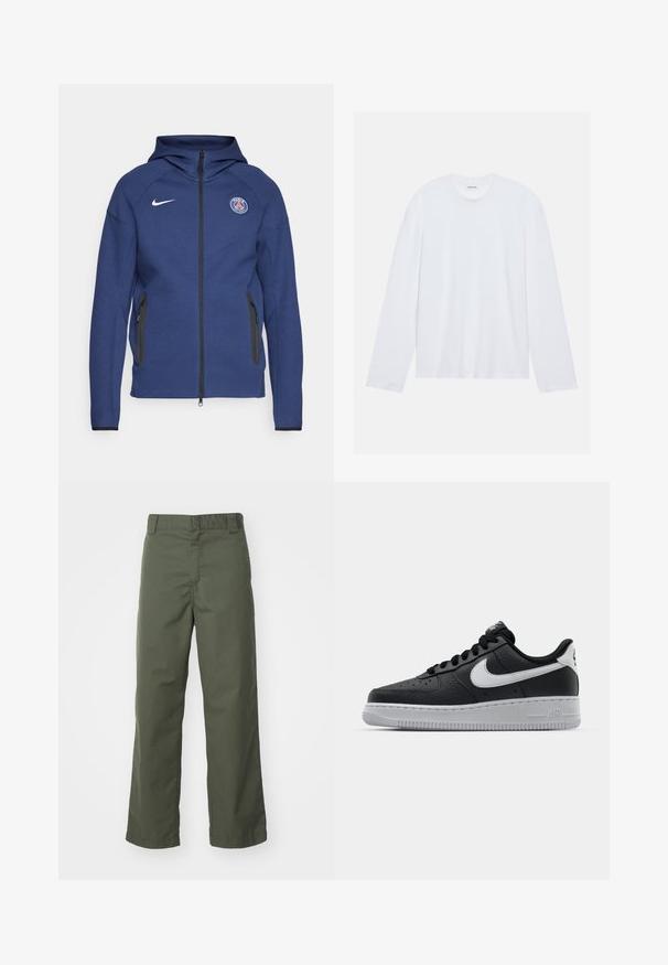 Navy blue hoodie made of soft fabric featuring a full zipper, side pockets, and a logo patch. It has a structured design with a hood.; White long-sleeve t-shirt made of cotton. Features a classic crew neckline and dropped shoulder seams, with a smooth, plain texture.; Olive green straight-leg pants made of cotton. Features a smooth texture, flat front, and standard waistband with belt loops.; Black leather sneaker with textured surface, white Nike swoosh, gray sole, round toe, and lace-up design. Features perforations on toe box.