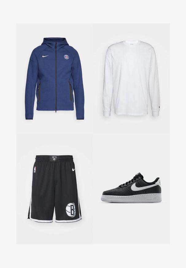 Tamsiai mėlyna džemperis su užtrauktuku, pagamintas iš minkštos medžiagos, su šoniniais kišeniais ir logotipo žyme. Jis turi struktūruotą dizainą su gobtuvu.; Balta, ilga rankovė T-maiša, pagaminta iš medvilnės. Apvalios iškirptės dizainas su raukiniais ant rankovių ir nedidelis logotipas ant kairės rankovės. Glotni tekstūra.; Juodi krepšinio šortai su tinklelio tekstūra, su baltu ir juodu logotipu, ir kontrastiniu baltu apdailos kraštu šonuose bei apatine dalimi.; Juoda odinė sportinė avalynė su tekstūruota danga, balta Nike swoosh, pilkas padas, apvalus nosis ir raištelių užsegimas. Yra perforacijos ant nosies.