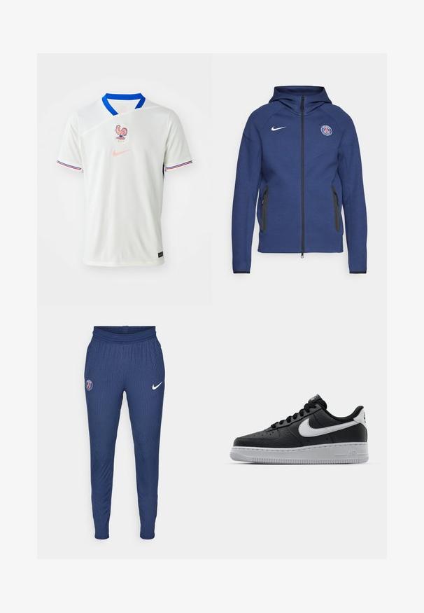 Marinblå hoodie gjord av mjukt tyg med en hel dragkedja, sidofickor och en logotyp patch. Den har en strukturerad design med en huva.; Vit Nike-tröja med blå krage och detaljer. Utrustad med en höns-emblema och rosa logotyp. Kort ärm, sporty textur och skräddarsydd passform.; Marina idrottsbukser tillverkade av texturerat tyg, med en Paris-logga på vänster lår och en vit Nike-swoosh på höger.; Svart lädersneaker med strukturerad yta, vit Nike-swoosh, grå sula, rund tå och snörningsdesign. Har perforeringar på tåboxen.