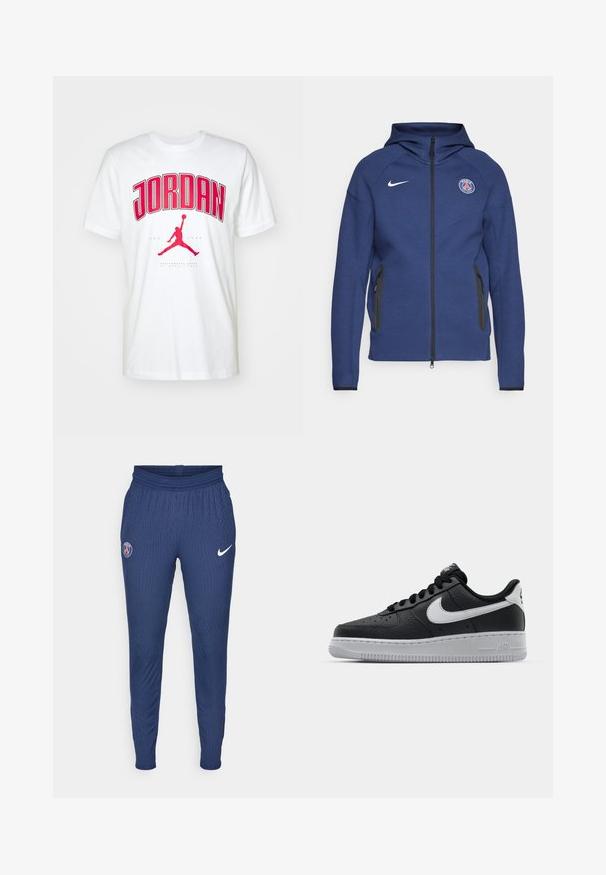 Sweatshirt azul marinho feito de tecido suave, apresentando um fecho completo, bolsos laterais e um patch com logotipo. Tem um design estruturado com capuz.; T-shirt de algodão branco com texto em vermelho bold "JORDAN" e um logo Jumpman vermelho. Manga curta e design clássico de gola redonda.; Calças de treino azul-marinho feitas de tecido texturizado, com um logotipo de Paris na coxa esquerda e um swoosh branco da Nike na direita.; Sapatilha de pele preta com superfície texturizada, swoosh branco da Nike, sola cinza, bico redondo e design com atacadores. Apresenta perfurações na caixa dos dedos.