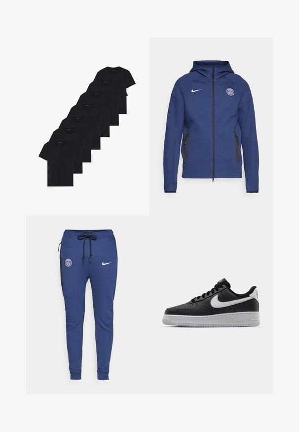 Marineblå hættetrøje lavet af blødt stof, der har fuld lynlås, sidelommer og et logo-patch. Den har et struktureret design med hætte.; Sæt af otte sorte bomulds t-shirts med korte ærmer og rund hals, der har et enkelt design og en blød tekstur.; Blå atletiske sweatpants med snor i livet, sidelommer med lynlås, sorte detaljer og logoer: PSG-emblem og Nike swoosh.; Sort lædersneaker med tekstureret overflade, hvid Nike swoosh, grå sål, rund tå og snørebåndsdesign. Har perforeringer på tåboksen.