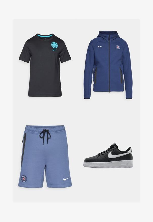 Marinblå hoodie gjord av mjukt tyg med en hel dragkedja, sidofickor och en logotyp patch. Den har en strukturerad design med en huva.; Svart bomull t-shirt med korta ärmar, rund halsringning, med en blå Nike-logotyp och en Inter Milan-emblem på bröstet.; Blå sportshorts i mjuk tyg, med svarta siddragkedjor, resårmidja med snörning och en Paris Saint-Germain-logotyp på vänster sida.; Svart lädersneaker med strukturerad yta, vit Nike-swoosh, grå sula, rund tå och snörningsdesign. Har perforeringar på tåboxen.