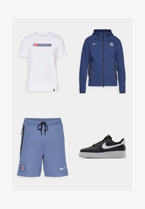 Tamsiai mėlyna džemperis su užtrauktuku, pagamintas iš minkštos medžiagos, su šoniniais kišeniais ir logotipo žyme. Jis turi struktūruotą dizainą su gobtuvu.; Balta medvilninė marškinėlių su trumpomis rankovėmis, kuriuose priekyje yra mėlynos kvadratinės grafikos su užrašais "NIKE" ir "PARIS SC" raudonos ir baltos spalvų.; Mėlyni sportiniai šortai, pagaminti iš minkštos medžiagos, su juodais šoniniu užtrauktukais, raišteliu juosmenyje ir "Paris Saint-Germain" logotipu kairėje pusėje.; Juoda odinė sportinė avalynė su tekstūruota danga, balta Nike swoosh, pilkas padas, apvalus nosis ir raištelių užsegimas. Yra perforacijos ant nosies.
