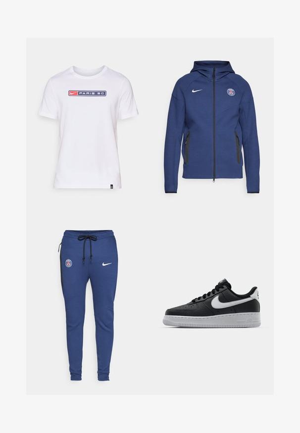Námořnický modrý svetr z měkké tkaniny s plným zipem, bočními kapsami a nášivkou s logem. Má strukturovaný design s kapucí.; Bílá bavlněná tričko s námořnickomodrým obdélníkovým grafickým prvkem, na jehož přední straně je v červeném a bílém písmu nápis "NIKE" a "PARIS SC".; Modré sportovní tepláky s elastickým pasem na šňůrku, bočními zipovými kapsami, černými akcenty a logy: emblém PSG a značka Nike.; Černé kožené tenisky s texturovaným povrchem, bílým logem Nike, šedou podrážkou, kulatou špičkou a designem na šněrování. Obsahují perforace na špičce.