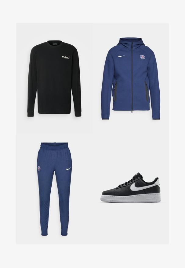 Navy blue hoodie made of soft fabric featuring a full zipper, side pockets, and a logo patch. It has a structured design with a hood.; KAVU ETCH ART - Long sleeved top - black; Navy athletic pants made of textured fabric featuring a Paris logo on the left thigh and a white Nike swoosh on the right.; Black leather sneaker with textured surface, white Nike swoosh, gray sole, round toe, and lace-up design. Features perforations on toe box.