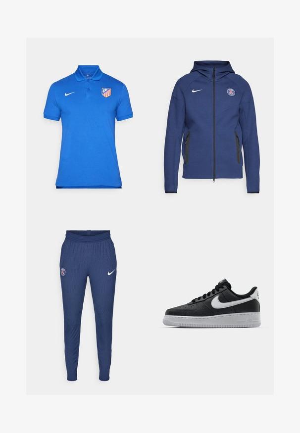 Marineblaue Kapuzenjacke aus weichem Stoff mit durchgehendem Reißverschluss, Seitentaschen und einem Logo-Patch. Sie hat ein strukturiertes Design mit einer Kapuze.; Blaues Polohemd aus Baumwolle mit einem Kragen, einer Knopfleiste mit drei Knöpfen, kurzen Ärmeln und einem rot-gelben Vereinslogo auf der linken Brust.; Marinefarbene Sporthosen aus strukturiertem Stoff mit einem Paris-Logo am linken Oberschenkel und einem weißen Nike-Swoosh am rechten Beinum.; Schwarze Ledersneaker mit strukturierten Oberflächen, weißem Nike-Swoosh, grauer Sohle, runder Zehenpartie und Schnürdesign. Verfügt über Perforationen an der Zehenbox.