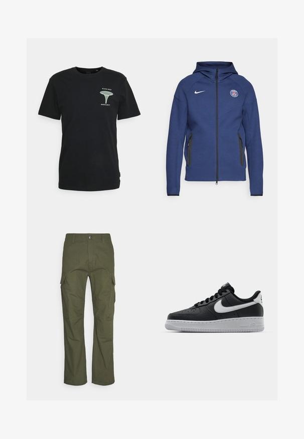 Sweatshirt azul marinho feito de tecido suave, apresentando um fecho completo, bolsos laterais e um patch com logotipo. Tem um design estruturado com capuz.; Only & Sons ONSOTTO LIFE TEE - T-shirt estampada - black; Calças cargo em verde oliva escuro, com múltiplos bolsos laterais, um corte reto e um tecido durável com um acabamento texturizado.; Sapatilha de pele preta com superfície texturizada, swoosh branco da Nike, sola cinza, bico redondo e design com atacadores. Apresenta perfurações na caixa dos dedos.