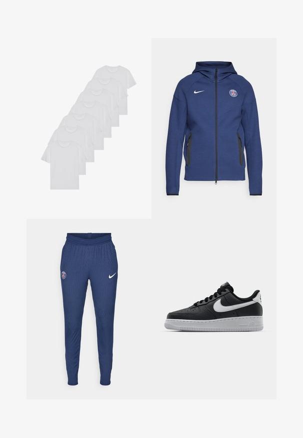 Marineblauwe hoodie van zachte stof met een volledige rits, zijzakken en een logo-label. Het heeft een gestructureerd ontwerp met een capuchon.; Witte katoenen T-shirts, korte mouwen, ronde halsontwerp, eenvoudige textuur, gestapeld in een rij, met subtiele branding bij de hals.; Marineblauwe sportbroeken van gestructureerde stof met een Parijs-logo op het linkerdij en een witte Nike-swoosh op de rechterkant.; Zwarte lederen sneaker met een textuur oppervlak, witte Nike swoosh, grijze zool, ronde neus en vetersluiting. Bevat perforaties op de neus.