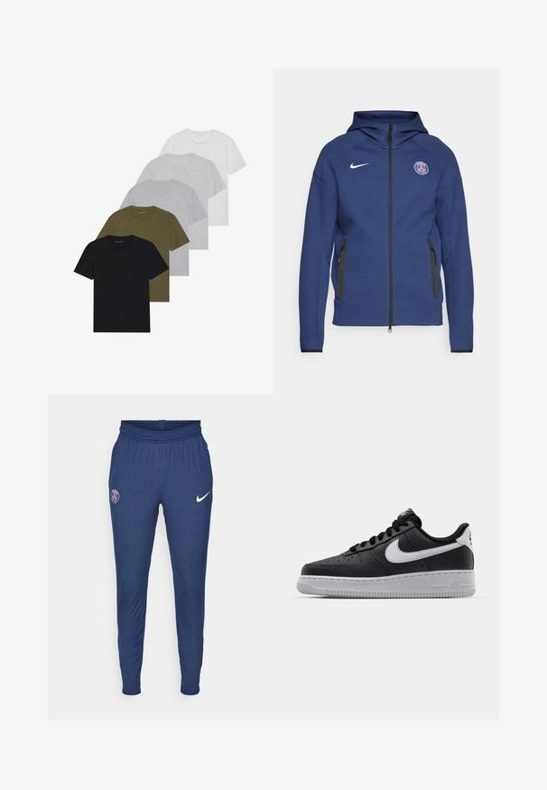 Navy blue hoodie made of soft fabric featuring a full zipper, side pockets, and a logo patch. It has a structured design with a hood.; Five crew neck t-shirts in black, olive, light gray, dark gray, and white. Made of soft fabric with short sleeves and a relaxed fit.; Navy athletic pants made of textured fabric featuring a Paris logo on the left thigh and a white Nike swoosh on the right.; Black leather sneaker with textured surface, white Nike swoosh, gray sole, round toe, and lace-up design. Features perforations on toe box.