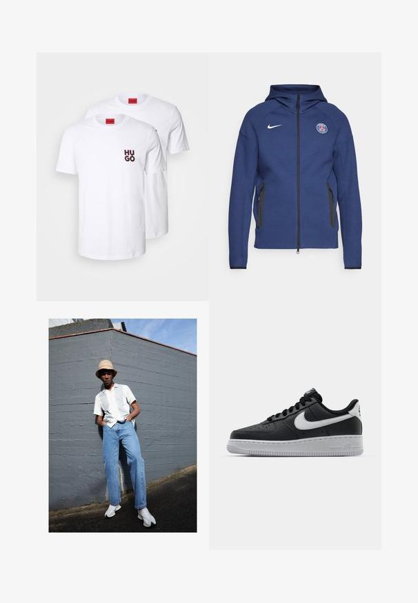 Navy blue hoodie made of soft fabric featuring a full zipper, side pockets, and a logo patch. It has a structured design with a hood.; White cotton T-shirts, featuring a round neck, short sleeves, with red and black "HUGO" text logo on the left chest. Two-pack set.; Short-sleeve white shirt with light gray stripes, blue denim jeans, and white sneakers, set against a gray wall under clear blue sky.; Black leather sneaker with textured surface, white Nike swoosh, gray sole, round toe, and lace-up design. Features perforations on toe box.