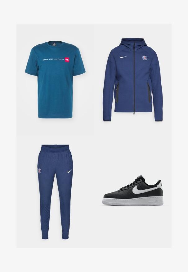 Marineblaue Kapuzenjacke aus weichem Stoff mit durchgehendem Reißverschluss, Seitentaschen und einem Logo-Patch. Sie hat ein strukturiertes Design mit einer Kapuze.; The North Face NEVER STOP EXPLORING TEE - T-Shirt print - midnight petrol; Marinefarbene Sporthosen aus strukturiertem Stoff mit einem Paris-Logo am linken Oberschenkel und einem weißen Nike-Swoosh am rechten Beinum.; Schwarze Ledersneaker mit strukturierten Oberflächen, weißem Nike-Swoosh, grauer Sohle, runder Zehenpartie und Schnürdesign. Verfügt über Perforationen an der Zehenbox.
