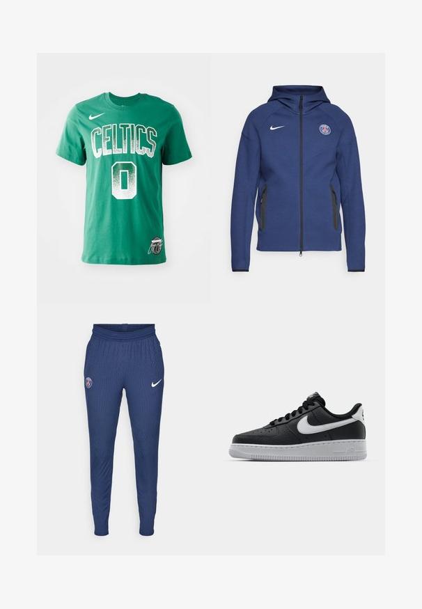 Sudadera con capucha de color azul marino hecha de tela suave, con cierre completo, bolsillos laterales y un parche con logo. Tiene un diseño estructurado con capucha.; Camiseta de algodón verde con el texto "CELTICS" y el número "0" en blanco con un efecto degradado; incluye el logo de Nike y un detalle de firma en el dobladillo.; Pantalones deportivos de color navy fabricados con tejido texturizado, que presentan un logo de París en el muslo izquierdo y un swoosh blanco de Nike en el derecho.; Zapatilla negra de cuero con superficie texturizada, logo de Nike en blanco, suela gris, puntera redonda y diseño de encaje. Presenta perforaciones en la puntera.