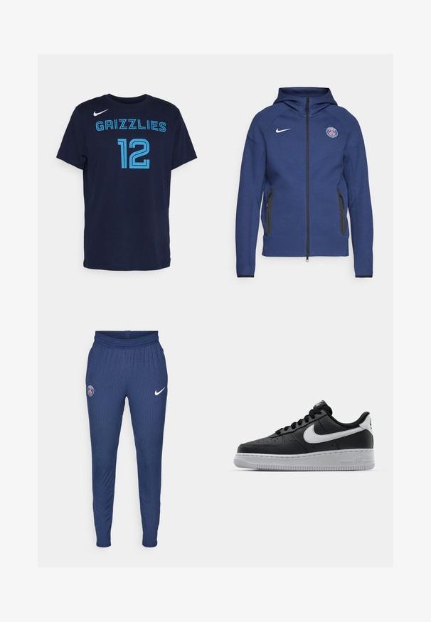 Sötétkék kapucnis pulóver puha anyagból, teljes cipzárral, oldalsó zsebekkel és logós folttal. Szerkezete formálisan kialakított, kapucnival rendelkezik.; Tengerészkék pamut póló rövid ujjal, világoskék betűkkel "GRIZZLIES" és a "12" szám látható rajta. A Nike logó a bal vállnál.; Sötétkék sportnadrág, amely texturált anyagból készült, bal combján Párizs logóval, míg a jobb lábszáron egy fehér Nike pipa látható.; Fekete bőr edzőcipő mintás felülettel, fehér Nike logóval, szürke talppal, kerek orral és fűzős dizájnnal. Az orr részen perforációk találhatóak.