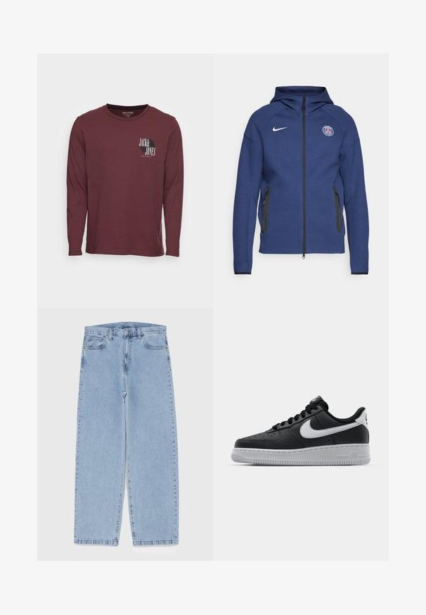 Sweatshirt azul marinho feito de tecido suave, apresentando um fecho completo, bolsos laterais e um patch com logotipo. Tem um design estruturado com capuz.; Jack & Jones JORJARL TEE CREW NECK - Camisola de manga comprida - catawba grape; Jeans de denim azul claro com design de perna reta, apresentando uma cintura de altura média, cinco bolsos e um fecho de botão e zíper.; Sapatilha de pele preta com superfície texturizada, swoosh branco da Nike, sola cinza, bico redondo e design com atacadores. Apresenta perfurações na caixa dos dedos.