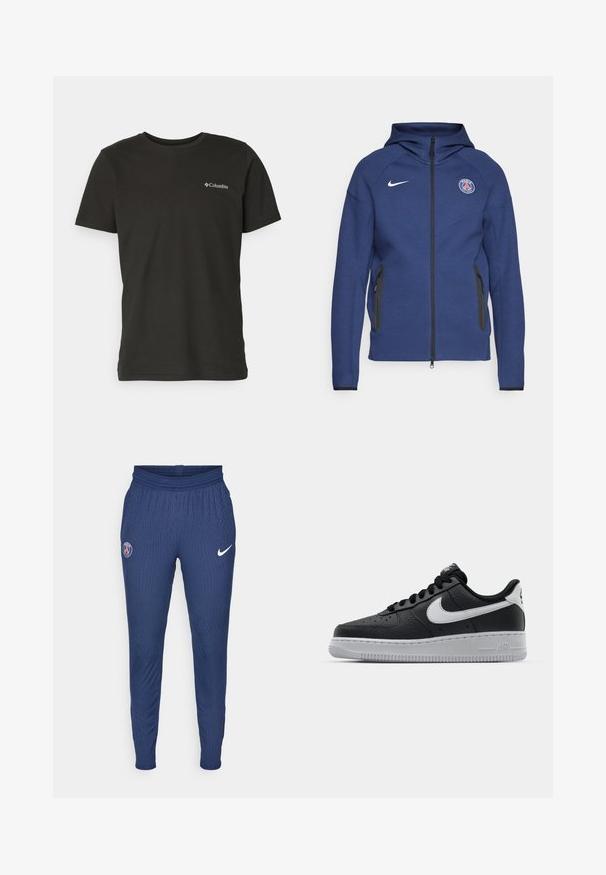 Jūras zila kapuce, kas izgatavota no mīkstas auduma, ar pilnu rāvējslēdzēju, sānu kabatām un logotipa uzšuvi. Tam ir strukturēts dizains ar kapuci.; Columbia RAPID RIDGE™ BACK GRAPHIC TEE - Apdrukāts T-krekls - black; Tumsājuma jūras zila sporta bikses, kas izgatavotas no strukturēta auduma, ar Parīzes logo uz kreisā augšstilba un baltu Nike swoosh uz labā.; Melna ādas sporta apavi ar teksturētu virsmu, balta Nike swoosh zīme, pelēks zole, apaļa pirksta daļa un saistējs dizains. Iekļautas perforācijas uz pirksta kastes.
