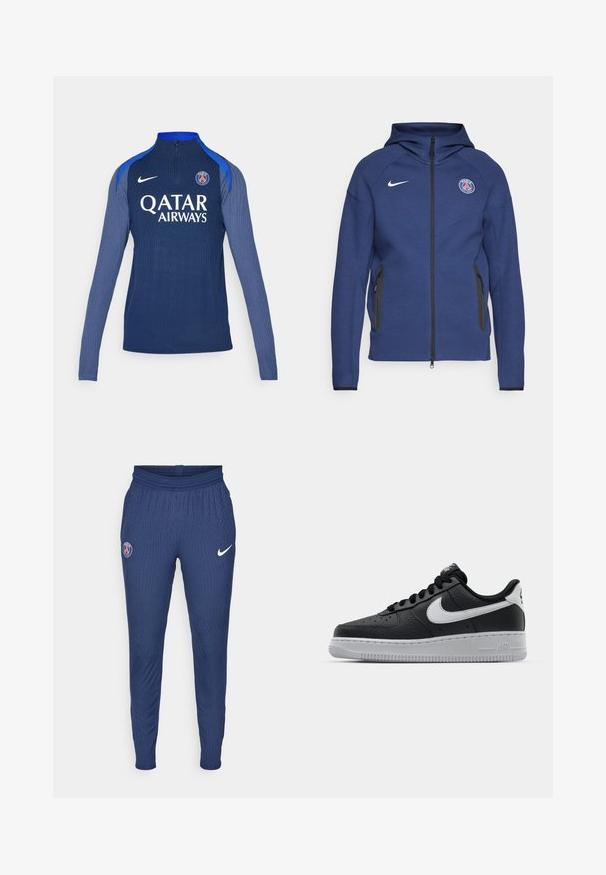 Námořnický modrý svetr z měkké tkaniny s plným zipem, bočními kapsami a nášivkou s logem. Má strukturovaný design s kapucí.; Námořnický tréninkový top s dlouhým rukávem a půl zipem, s žebrovanou strukturou, modrými akcenty na ramenou, s logem „QATAR AIRWAYS“ a emblémem PSG.; Námořnické sportovní kalhoty vyrobené z strukturované tkaniny s logem Paříže na levém stehně a bílým Nike swoosh na pravém.; Černé kožené tenisky s texturovaným povrchem, bílým logem Nike, šedou podrážkou, kulatou špičkou a designem na šněrování. Obsahují perforace na špičce.