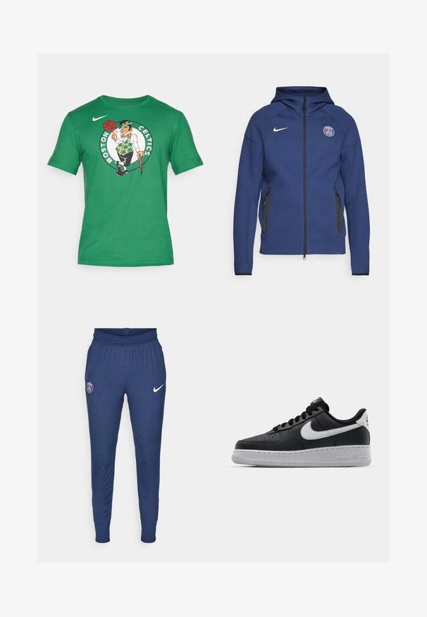 Granatowa bluza z kapturem uszyta z miękkiego materiału, z pełnym zamkiem błyskawicznym, bocznymi kieszeniami oraz naszywką z logo. Posiada strukturalny fason i kaptur.; Zielony t-shirt z bawełny z logo Boston Celtics, przedstawiającym postać leprechauna trzymającego koszykową piłkę, krótki rękaw i okrągły dekolt.; Granatowe spodnie sportowe z teksturowanej tkaniny, z logo Paryża na lewej nogawce i białym znakiem Nike na prawej.; Czarne skórzane trampki o teksturowanej powierzchni, białe logo Nike, szara podeszwa, okrągły czubek i sznurowany design. Posiada perforacje na nosku.