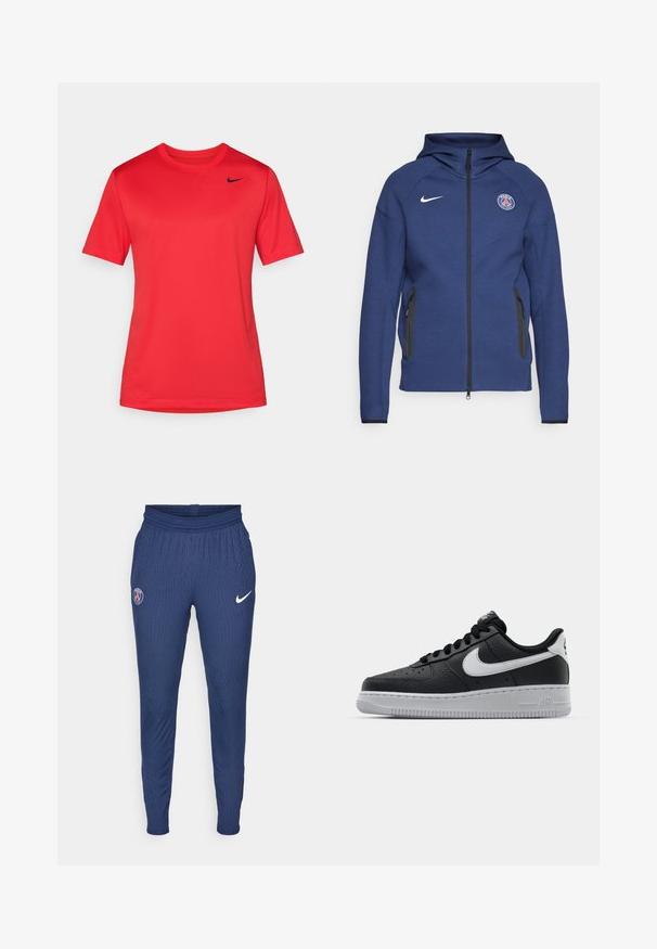 Sweatshirt azul marinho feito de tecido suave, apresentando um fecho completo, bolsos laterais e um patch com logotipo. Tem um design estruturado com capuz.; T-shirt desportivo vermelho de manga curta com decote redondo, apresentando um pequeno logótipo da Nike em preto no lado esquerdo do peito.; Calças de treino azul-marinho feitas de tecido texturizado, com um logotipo de Paris na coxa esquerda e um swoosh branco da Nike na direita.; Sapatilha de pele preta com superfície texturizada, swoosh branco da Nike, sola cinza, bico redondo e design com atacadores. Apresenta perfurações na caixa dos dedos.