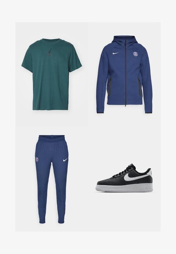 Merineel kapuutsiga pehme kangast dressipluus, millel on täielik tõmblukk, küljetaskud ja logopatch. Sellel on struktureeritud disain koos kapuutsiga.; Jordan JUMPMAN SHORT SLEEVE CREW - Spordi T-särk - oxidized green/black; Tumed sportlikud püksid, mis on valmistatud tekstuuriga kangast, esitavad vasakul reiel Pariisi logo ja paremal Nike swooshi valges värvuses.; Must musta sneaker tekstureeritud pinnaga, valge Nike logo, hall tald, ümar varv ja paeltega disain. Omab perforatsioone varbakasti peal.