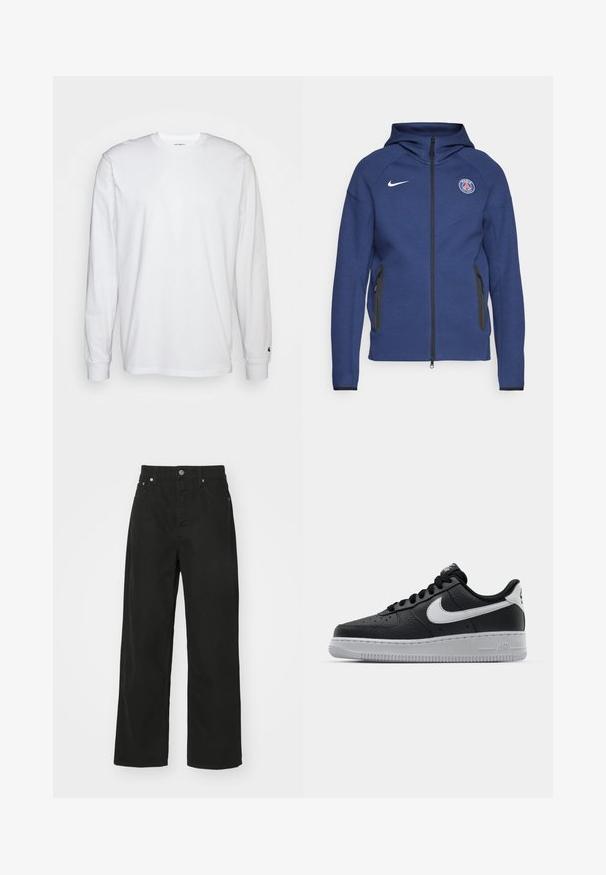 Sweatshirt azul marinho feito de tecido suave, apresentando um fecho completo, bolsos laterais e um patch com logotipo. Tem um design estruturado com capuz.; T-shirt de mangas longas branca feita de algodão. Design de gola redonda com punhos canelados e um pequeno logotipo na manga esquerda. Textura suave.; Calças de ganga pretas com um design de perna reta, apresentando cinco bolsos, fecho por botão e uma cintura clássica. Textura suave.; Sapatilha de pele preta com superfície texturizada, swoosh branco da Nike, sola cinza, bico redondo e design com atacadores. Apresenta perfurações na caixa dos dedos.