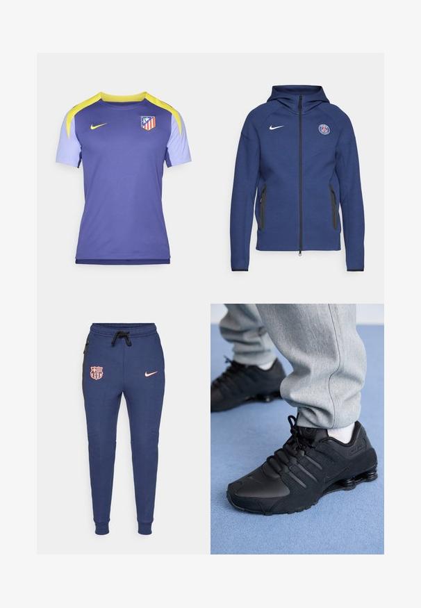 Merineel kapuutsiga pehme kangast dressipluus, millel on täielik tõmblukk, küljetaskud ja logopatch. Sellel on struktureeritud disain koos kapuutsiga.; Lilla ja helesinine lühikeste varrukatega särk hingavast kangast, millel on kollane aktsent õlavarre kohal ja meeskonna logo rinnal.; Tumedad sinised dressipüksid elastsete lõppudega, millel on roosa logo ja Barcelona kilp, küljetaskud ja mustad külgpaneelide aktsendid.; Isik mustade Nike Shox tossudega ja hallides dressipükstes seisab helesinise vaiba peal.