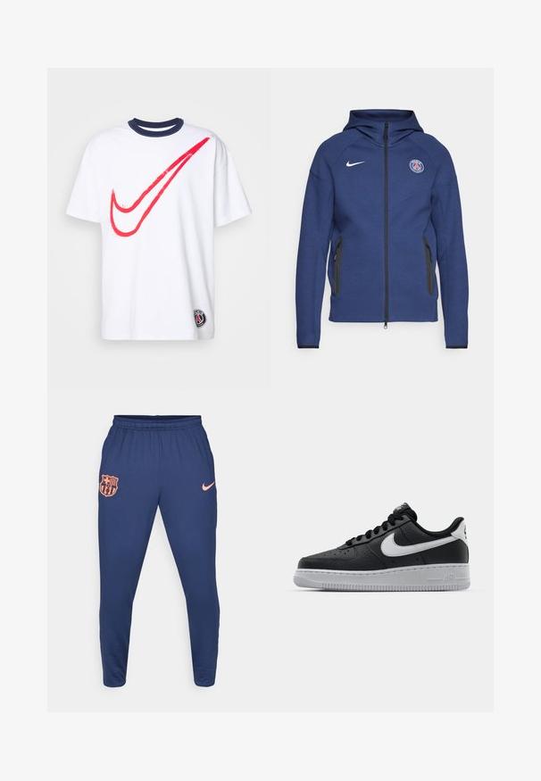 Sötétkék kapucnis pulóver puha anyagból, teljes cipzárral, oldalsó zsebekkel és logós folttal. Szerkezete formálisan kialakított, kapucnival rendelkezik.; Fehér póló piros Nike pálcika grafikával, tengerészkék bordás gallérral, rövid ujjú, és apró Párizs emblémával a bal szegélyen. Pamut anyag.; Sötétkék sportnadrág sima anyagból, narancssárga FC Barcelona logóval és egy kis narancssárga Nike swoosh-zsal a csípőnél.; Fekete bőr edzőcipő mintás felülettel, fehér Nike logóval, szürke talppal, kerek orral és fűzős dizájnnal. Az orr részen perforációk találhatóak.