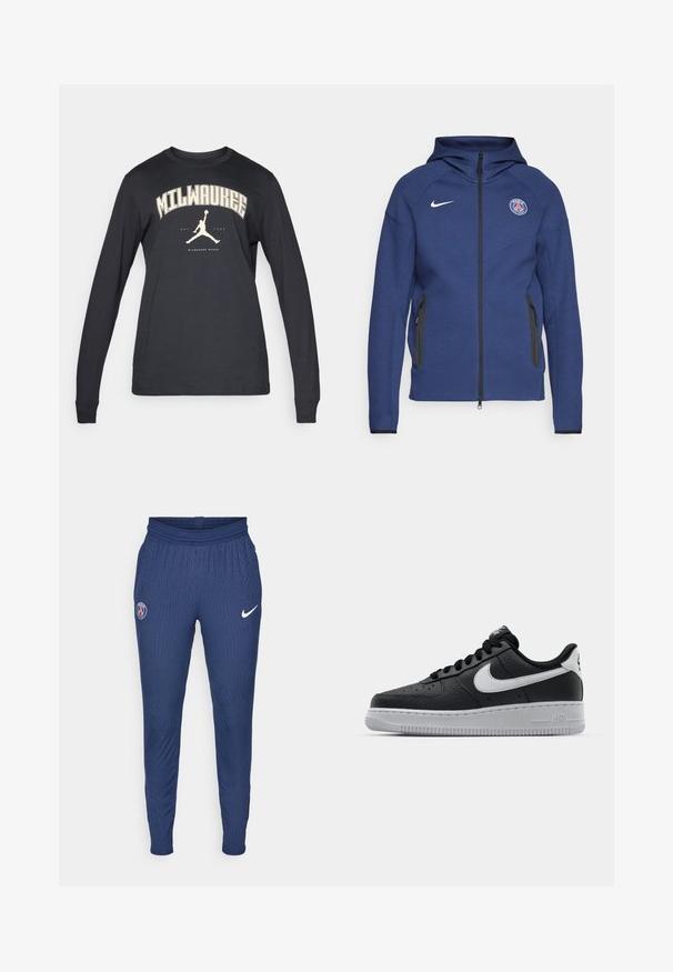 Mornarsko modra kapuca iz mehkega materiala z dolgim zadrgo, stranskimi žepi in logotipom. Ima strukturirano zasnovo s kapuco.; Dolga majica s črnimi rokavi s kremno grafiko, ki prikazuje besedo "MILWAUKEE" in silhueto skoka, ki je centrirana spodaj. Mehak bombažni material.; Mornarice športne hlače iz teksturiranega materiala z logotipom Pariza na levem stegnu in belim Nikejevim logotipom na desni strani.; Črne usnjene teniske z teksturirano površino, bele Nikejeve zmage, sivo podplato, okroglo konico in vezalno zasnovo. Imajo perforacije na prednjem delu.