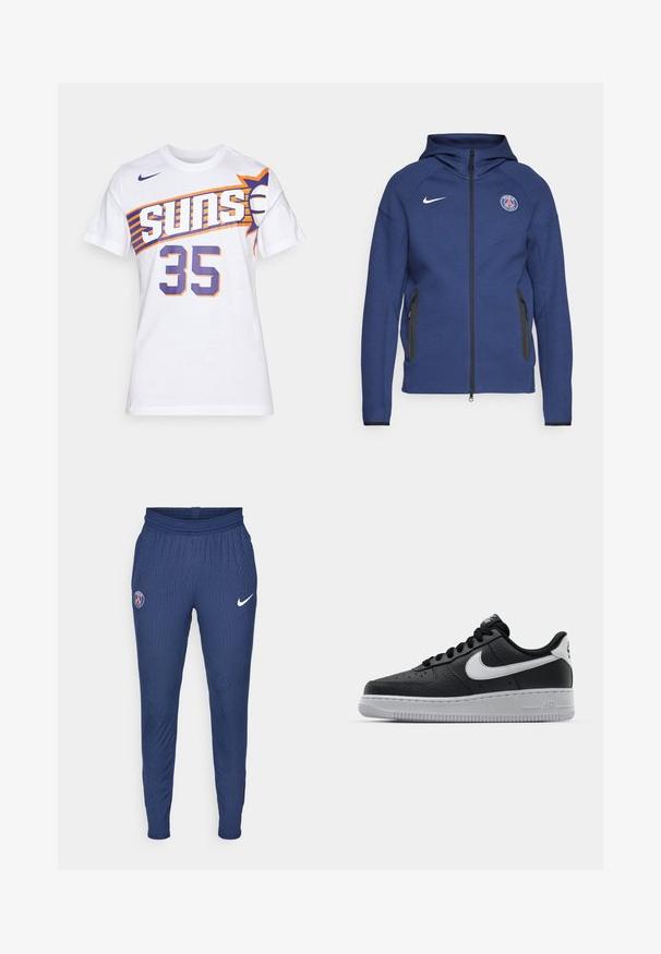 Felpa con cappuccio blu navy in morbido tessuto, dotata di zip a tutta lunghezza, tasche laterali e un'etichetta con logo. Ha un design strutturato con cappuccio.; T-shirt bianco in cotone con grafica "SUNS" in viola e arancione, dettagli a righe, numero "35" sul davanti e logo Nike.; Pantaloni sportivi navy realizzati in tessuto testurizzato con logo Parigi sulla coscia sinistra e swoosh Nike bianco sulla destra.; Sneaker in pelle nera con superficie texture, baffo Nike bianco, suola grigia, punta rotonda e design con lacci. Presenta delle perforazioni sulla punta.