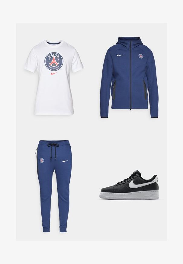 Marineblå hættetrøje lavet af blødt stof, der har fuld lynlås, sidelommer og et logo-patch. Den har et struktureret design med hætte.; Hvid bomulds t-shirt med et rundt Paris Saint-Germain-logo i blå, rød og gul samt en lille rød Nike swoosh. Korte ærmer.; Blå atletiske sweatpants med snor i livet, sidelommer med lynlås, sorte detaljer og logoer: PSG-emblem og Nike swoosh.; Sort lædersneaker med tekstureret overflade, hvid Nike swoosh, grå sål, rund tå og snørebåndsdesign. Har perforeringer på tåboksen.