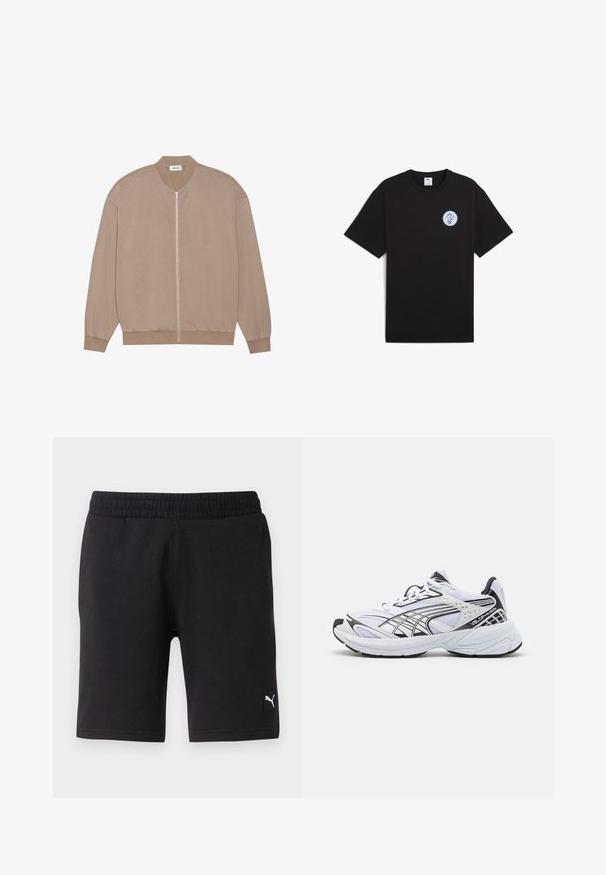 Light beige bomber jacket with a zip front, ribbed cuffs, and a textured fabric. Features a rounded collar and a relaxed fit design.; Black cotton T-shirt with short sleeves, crew neck, and a round blue logo on the left chest area. Smooth texture and casual fit.; Black athletic shorts with an elastic waistband, made of soft material, featuring a small white Puma logo on the lower right side.; White athletic shoe with black accents. Mesh and synthetic upper, thick sole, and curved design. Features lace-up front and logo details.