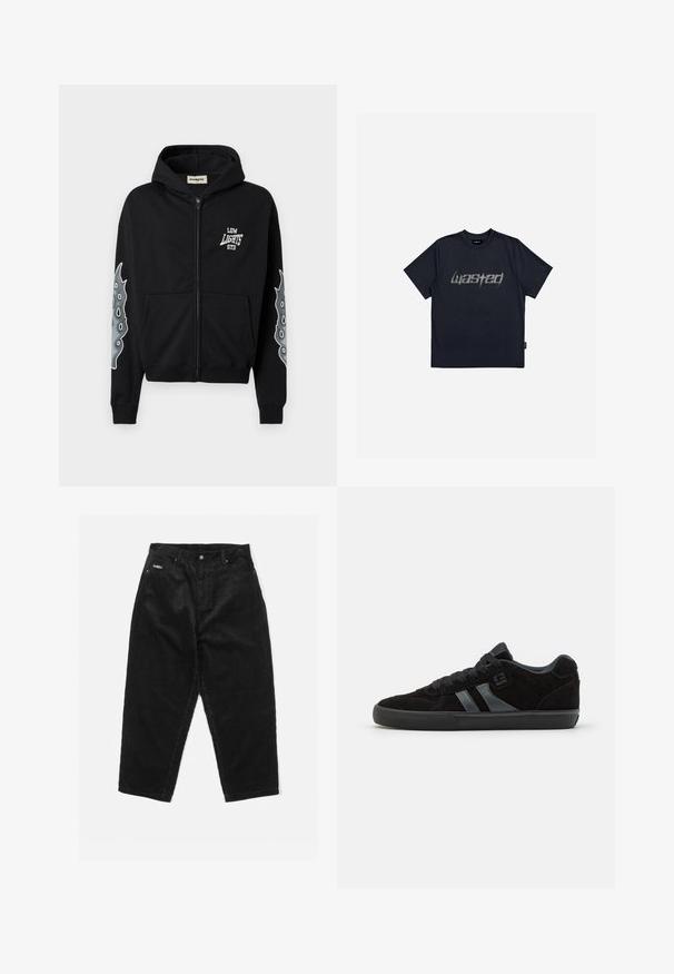 Must have mustan zip-up kapuutsiga, mis on valmistatud puuvillast, esiosas valge tekstiga "LOW LIGHTS STD" ning halli värvi kaheksajalgu kujutav graafika mõlemal varrukal.; Tumesinine puuvillane T-särk lühikeste varrukatega, kus on ees hall "Wasted" graafiline logo, mis on pleekinud. Pehme tekstuur, tavaline lõige.; Mustadest korduroo pükstest, millel on lahtine lõige, kõrge talje, esi-taskud ja nähtav õmblus. Silmapaistev tekstuur laia soontega.; Mustad nahast rulluiskude jalanõud tumedate kummitaldadega, millel on hallid külgmised triibud ja vastavad laced, loodud mugavuseks ja vastupidavuseks.