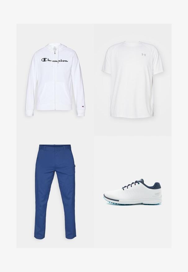Felpa bianca con zip realizzata in tessuto morbido, con un logo "Champion" nero sul petto, tasche a kangaroo e polsini a costine.; Maglietta da ginnastica bianca a maniche corte realizzata in tessuto liscio. Presenta un colletto rotondo e un logo grigio sul lato sinistro del petto, con fessure laterali all'orlo.; Pantaloni blu realizzati in tessuto liscio, con taglio dritto, due tasche laterali e passanti per cintura. Nessun motivo visibile o dettagli hardware.; Scarpe da ginnastica bianche con una parte superiore sintetica liscia, accenti blu, tallone blu navy texturizzato e una suola leggera con tacchetti per la trazione.