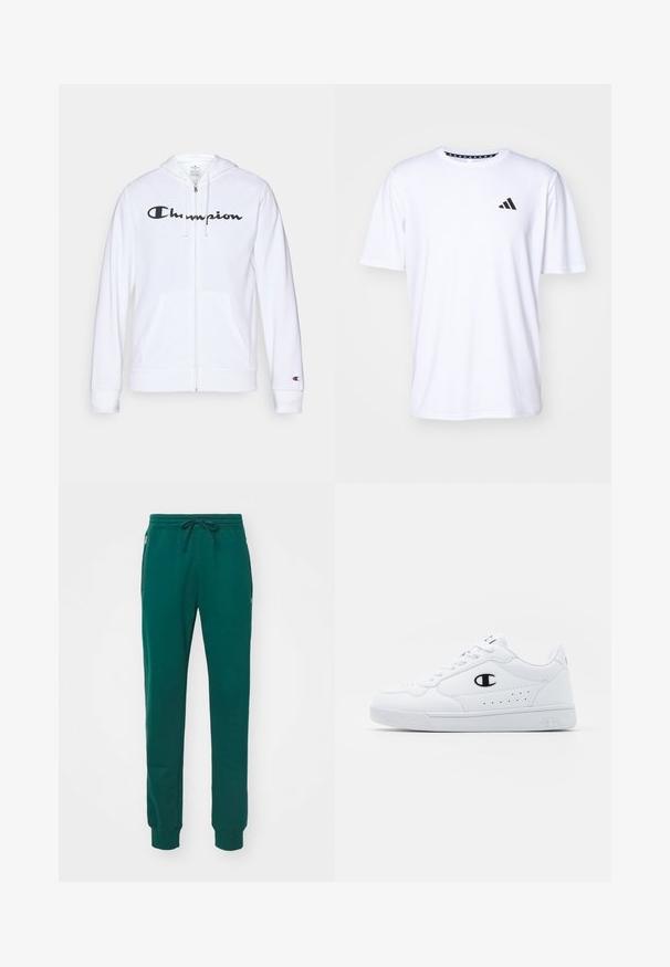 Sweatshirt branca com fecho, feita de tecido macio, apresentando um logótipo preto da "Champion" no peito, bolsos canguru e punhos canelados.; T-shirt branco de mangas curtas feito de um tecido com uma textura suave. Apresenta um logótipo preto da adidas no lado esquerdo do peito e uma gola estampada.; Champion ICONS CUFF PANTS - Calças de fato de treino - green; Sapatilhas brancas de desporto com um cabedal sintético liso, detalhes em preto no logótipo e perfurações na lateral. Sola em borracha.