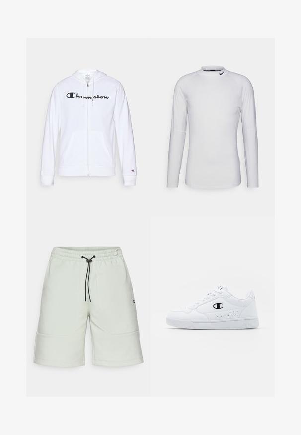 Sudadera blanca con cremallera hecha de tela suave, que presenta un logo negro de "Champion" en el pecho, bolsillos tipo canguro y puños acanalados.; Camisa deportiva de manga larga, blanca, confeccionada con un tejido suave y elástico. Presenta un cuello alto y el logo negro de Nike en el cuello.; Pantalones cortos verdes claros hechos de una tela suave con cintura elástica, cordón y dos bolsillos frontales. Presenta un logo en el lateral.; Zapatillas deportivas blancas con un upper sintético suave, acento del logo en negro y detalles perforados en los laterales. Suela de goma.