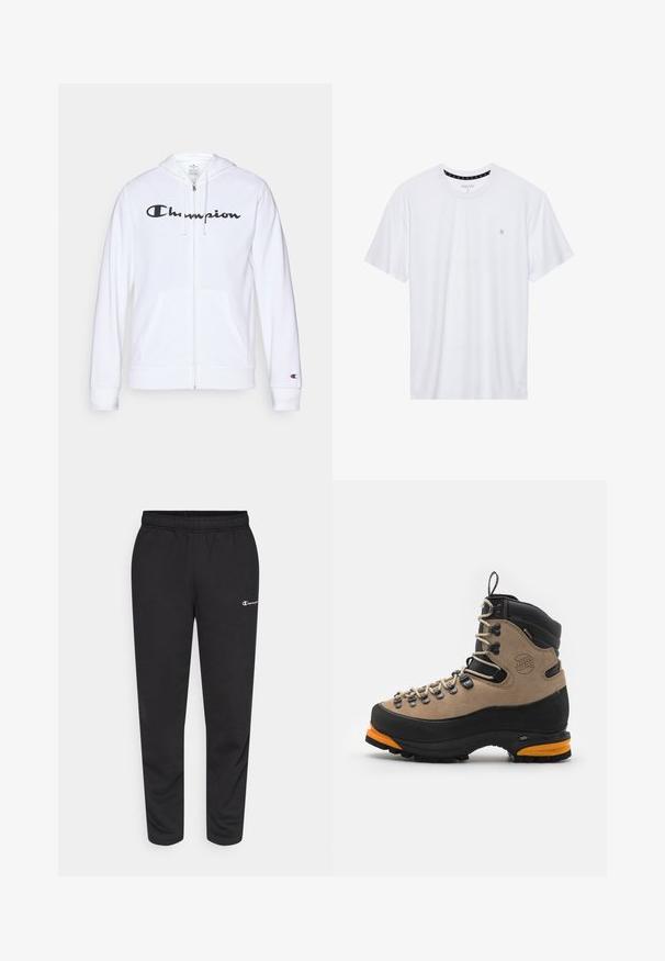 Valge tõmbluku eest avanev kapuutsiga pusa, mis on valmistatud pehmest kangast. Ees on must "Champion" logo, taskud on nagu känguru taskud ja varrukaotsad on soonilised.; Valge ümar kaelusega T-särk, mis on valmistatud puuvillast, lühikeste varrukatega ja vasakus rinnas on väike tikand. Pehme tekstuur.; Mustast puuvillasegustest spordipükstest, millel on elastne vöökoht ja väike valge logo vasakul küljel. Kitsenev jalaosa disain.; Pruun seemisnaha ja musta nahaga matkasaabas, millel on oranžid aktsendid, metallist nööbid ja paks kummitald. Omab tugevdatud varbaosa ja kõrget pahkluu tuge.