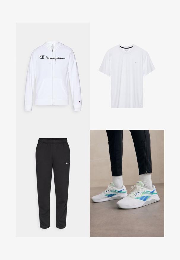 Valge tõmbluku eest avanev kapuutsiga pusa, mis on valmistatud pehmest kangast. Ees on must "Champion" logo, taskud on nagu känguru taskud ja varrukaotsad on soonilised.; Valge ümar kaelusega T-särk, mis on valmistatud puuvillast, lühikeste varrukatega ja vasakus rinnas on väike tikand. Pehme tekstuur.; Mustast puuvillasegustest spordipükstest, millel on elastne vöökoht ja väike valge logo vasakul küljel. Kitsenev jalaosa disain.; Valged sportlikud kingad roheliste ja siniste aktsentidega, võrgust paneelid ja tekstureeritud detailid. Kanda mustade pükstega ja valgete sokkidega.