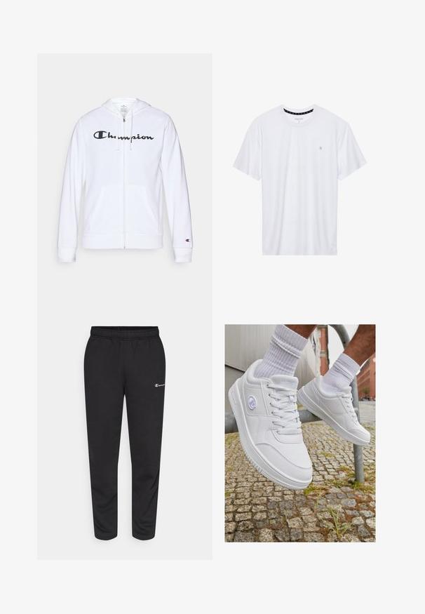 Hanorac alb cu fermoar, fabricat dintr-un material moale, având un logo negru "Champion" pe piept, buzunare tip kangaroo și manșete ribbate.; Tricou alb cu guler rotund, realizat din bumbac, cu mâneci scurte și un mic logo brodat în zona stângă a pieptului. Textură moale.; Pantaloni de trening negri dintr-un amestec de bumbac, cu un elastic la talie și un mic logo alb pe partea stângă. Design cu picior tapered.; Adidași albi cu un superior sintetic neted, design cu șireturi, guler căptușit și detaliu cu logo pe lateral, pe un fundal de piatră cubică.