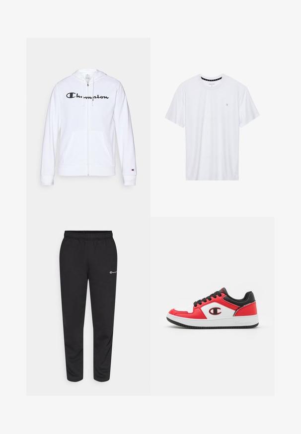 White zip-up hoodie made of soft fabric, featuring a black "Champion" logo on the chest, kangaroo pockets, and ribbed cuffs.; White crewneck t-shirt made of cotton, featuring short sleeves and a small logo embroidered on the left chest area. Soft texture.; Black sweatpants made of cotton blend, featuring an elastic waistband and a small white logo on the left side. Tapered leg design.; Champion REBOUND 2 0 LOW - Basketball shoes - red/white/new black