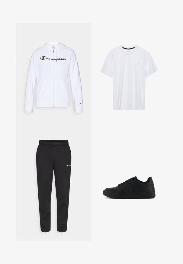 Weißer Reißverschluss-Hoodie aus weichem Stoff, mit einem schwarzen "Champion"-Logo auf der Brust, Kängurutaschen und gerippten Bündchen.; Weißes Crewneck-T-Shirt aus Baumwolle, mit kurzen Ärmeln und einem kleinen, auf der linken Brustseite gestickten Logo. Weiche Textur.; Schwarze Sweatpants aus Baumwollmischung, mit elastischem Bund und einem kleinen weißen Logo auf der linken Seite. Schmal zulaufendes Bein.; Champion REBOUND 2 0 LOW - Basketballschuh - black