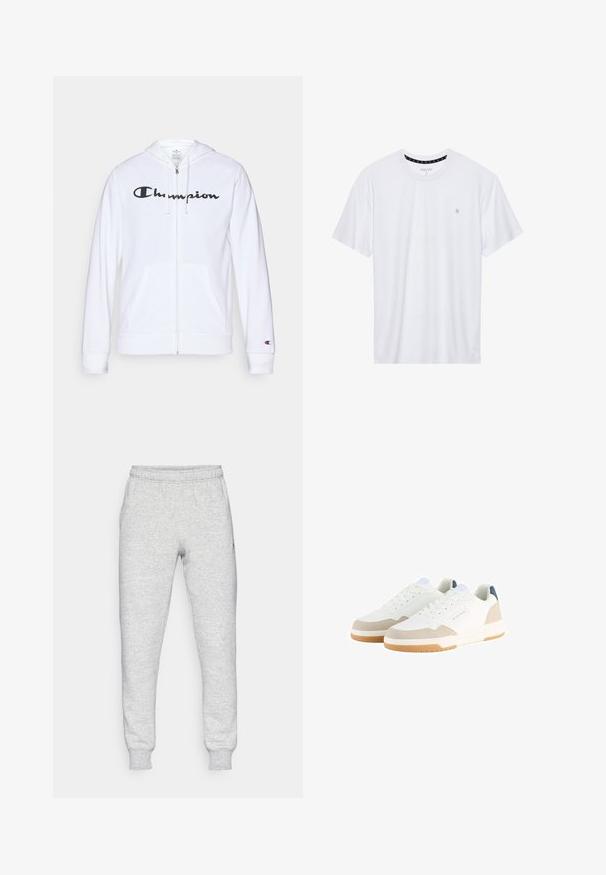 Hvit zip-up hettegenser laget av myk stoff, med en svart "Champion" logo på brystet, kengurulommer og ribbede mansjetter.; Hvit crewneck t-skjorte laget av bomull, med korte ermer og en liten logo brodert på venstre brystområde. Myk tekstur.; Grå joggebukser laget av myk bomullsblanding, med elastisk midje, innsnevrede ben og en liten logo på venstre lommeområde.; Hvite joggesko med en teksturert mesh-overdel, beige semsket skinn-detaljer og en polstret såle. Har snøring og en blå logo-detalj.