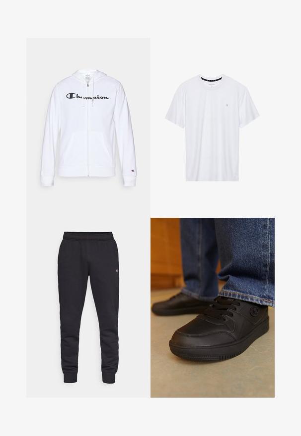 Haut de hoodie zippé blanc en tissu doux, avec un logo "Champion" noir sur la poitrine, des poches kangourou et des poignets côtelés.; T-shirt blanc à col rond en coton, avec des manches courtes et un petit logo brodé sur la partie gauche de la poitrine. Texture douce.; Pantalons de survêtement en coton noir avec une taille élastique et des poignets élastiques. Détails du logo sur le côté. Texture lisse, design effilé.; Baskets noires en matériau synthétique lisse. Présentent un système de laçage et des accents texturés sur la tige. Semelle en caoutchouc avec motif de crans.