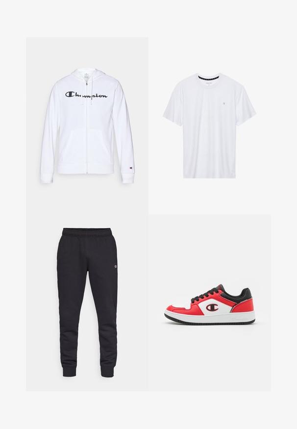 Hvit zip-up hettegenser laget av myk stoff, med en svart "Champion" logo på brystet, kengurulommer og ribbede mansjetter.; Hvit crewneck t-skjorte laget av bomull, med korte ermer og en liten logo brodert på venstre brystområde. Myk tekstur.; Sorte bomullssweatpants med elastisk midjebånd og mansjetter. Har logo detalj på siden. Glatt tekstur, avsmalnet design.; Champion REBOUND 2 0 LOW - Basketballsko - red/white/new black